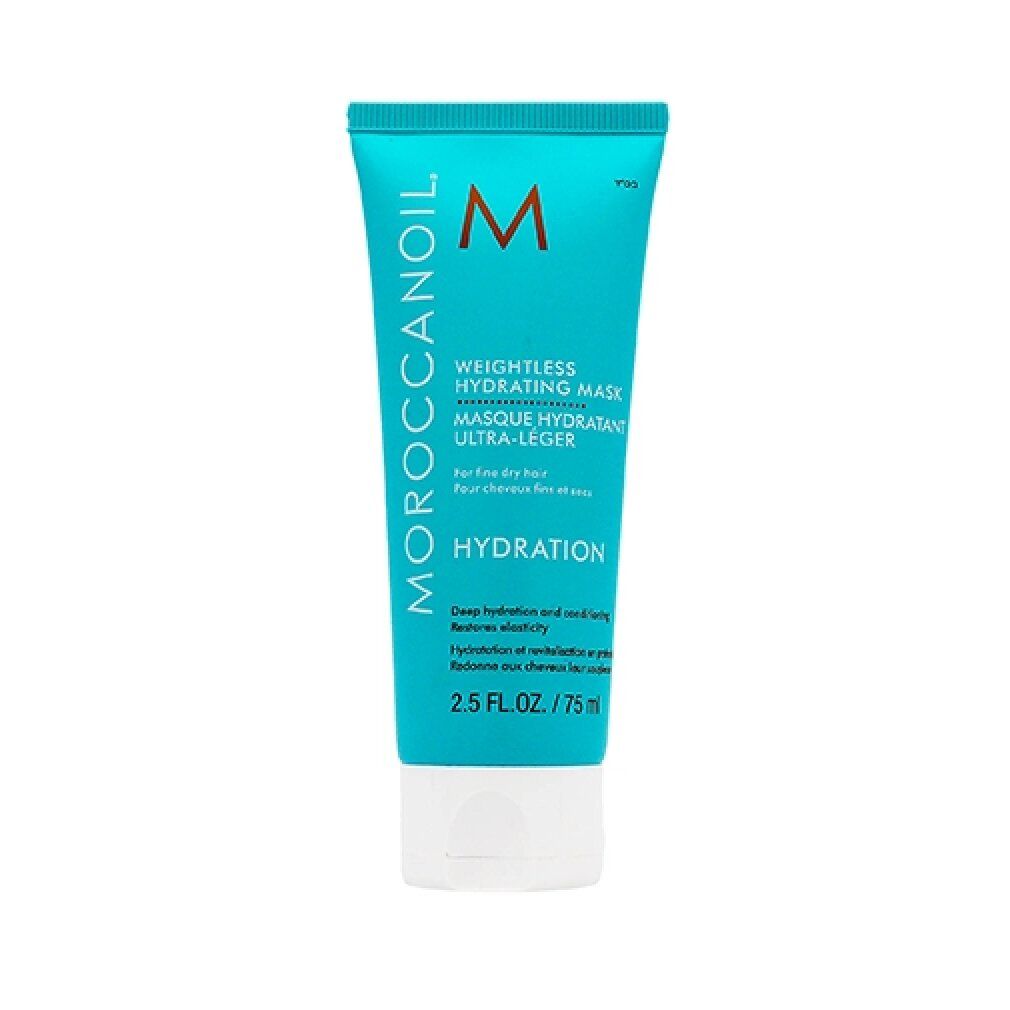 Turquoise tube met witte dop. Opschrift: Moroccanoil, Weightless Hydrating Mask, Hydration. Voor fijn haar.