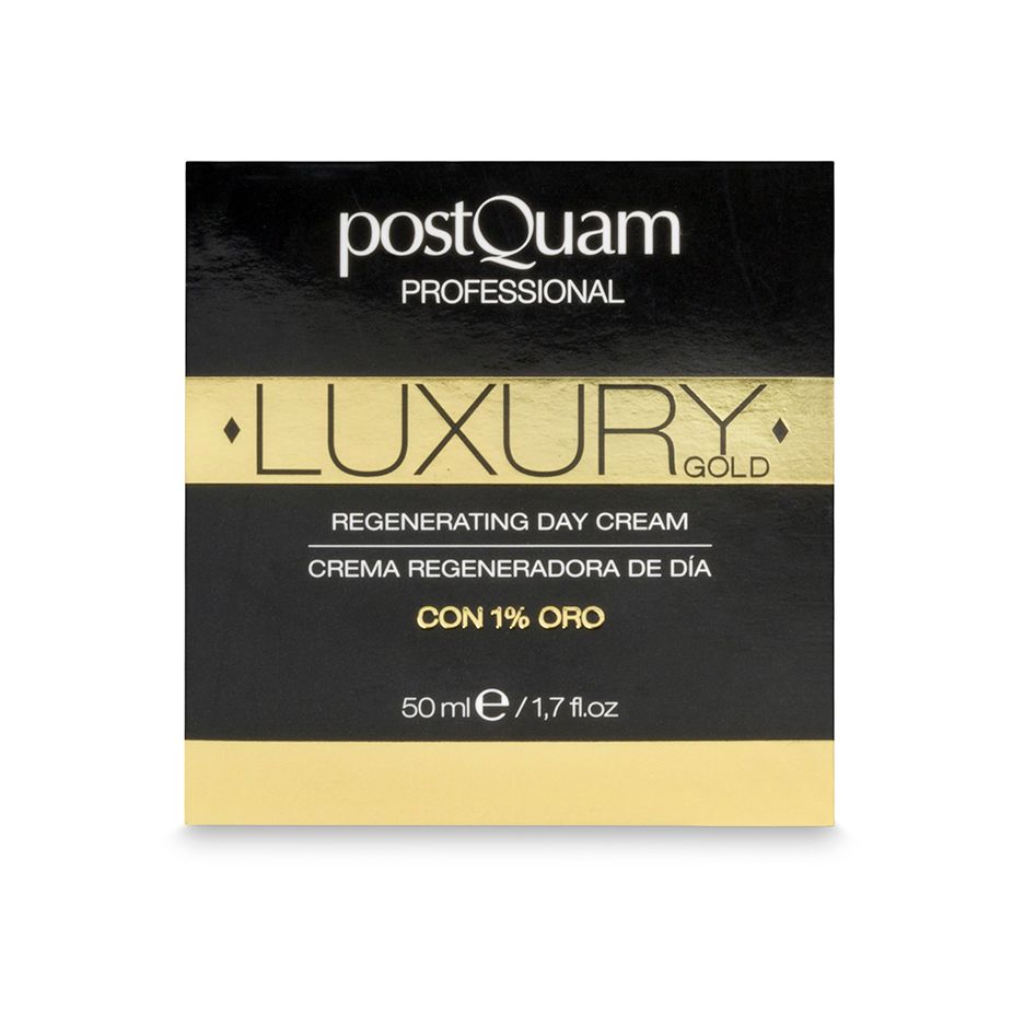 Boîte noire avec texte doré. Inscription: Luxury Gold, Regenerating Day Cream. Marque: Postquam Professional. Avec 1% d'or.