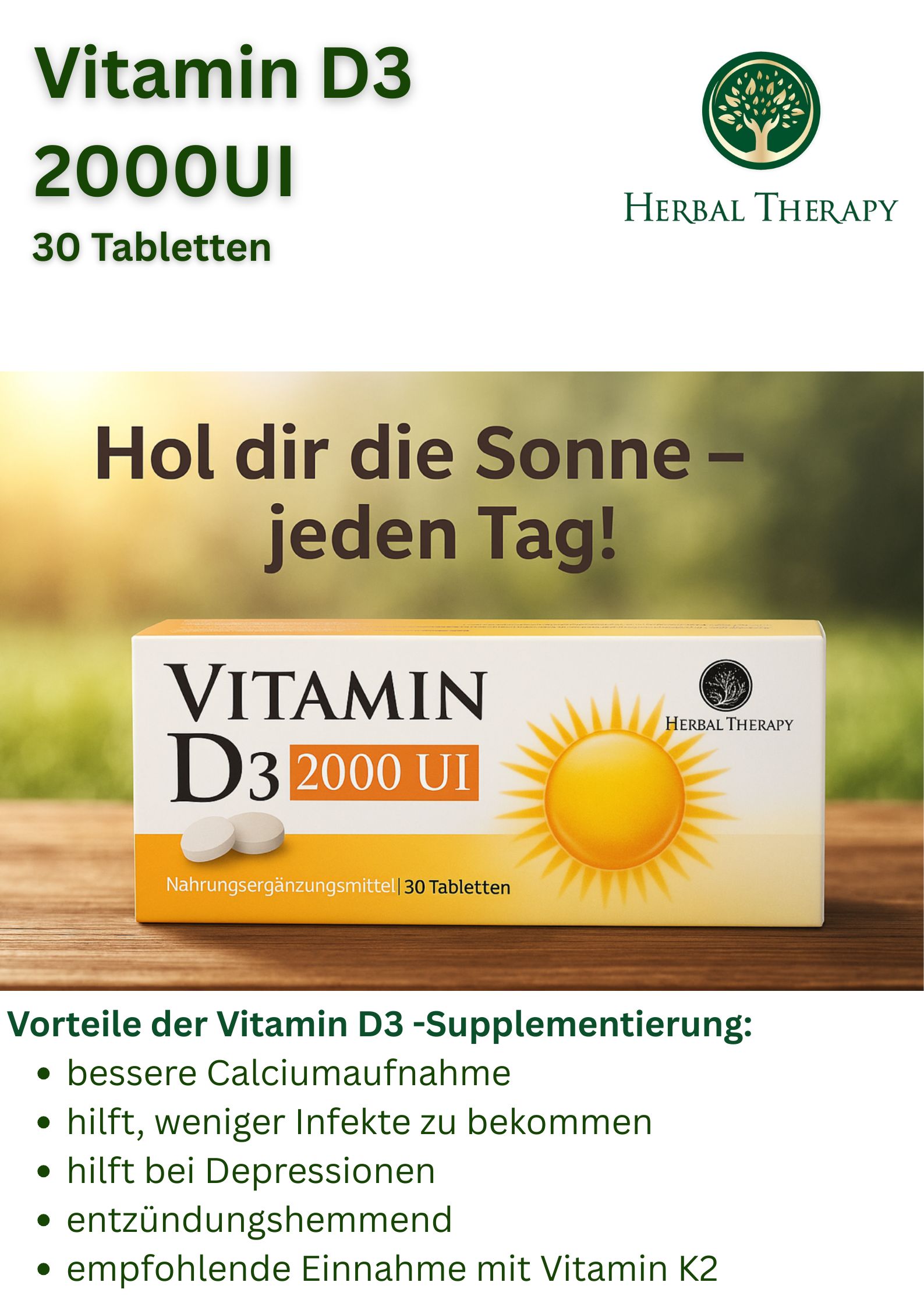 Reclamebeeld met vitamine D3 2000 IE tablettendoos. Tekst: Haal de zon in huis – elke dag! Voordelen van vitamine D3-suppletie.