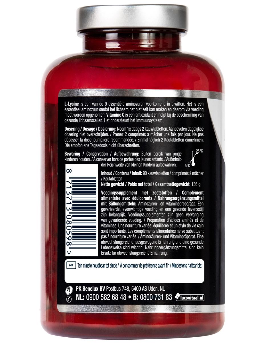 Achterkant van de fles met tekst. Bevat informatie over gebruik en opslag. Met barcode en contactgegevens.