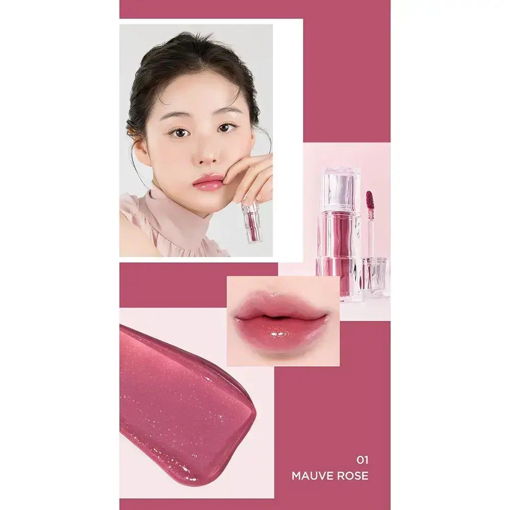 Collage : modèle, swatch de lèvres, produit et TIRTIR Waterism Glow Tint 01 Mauve Rose.