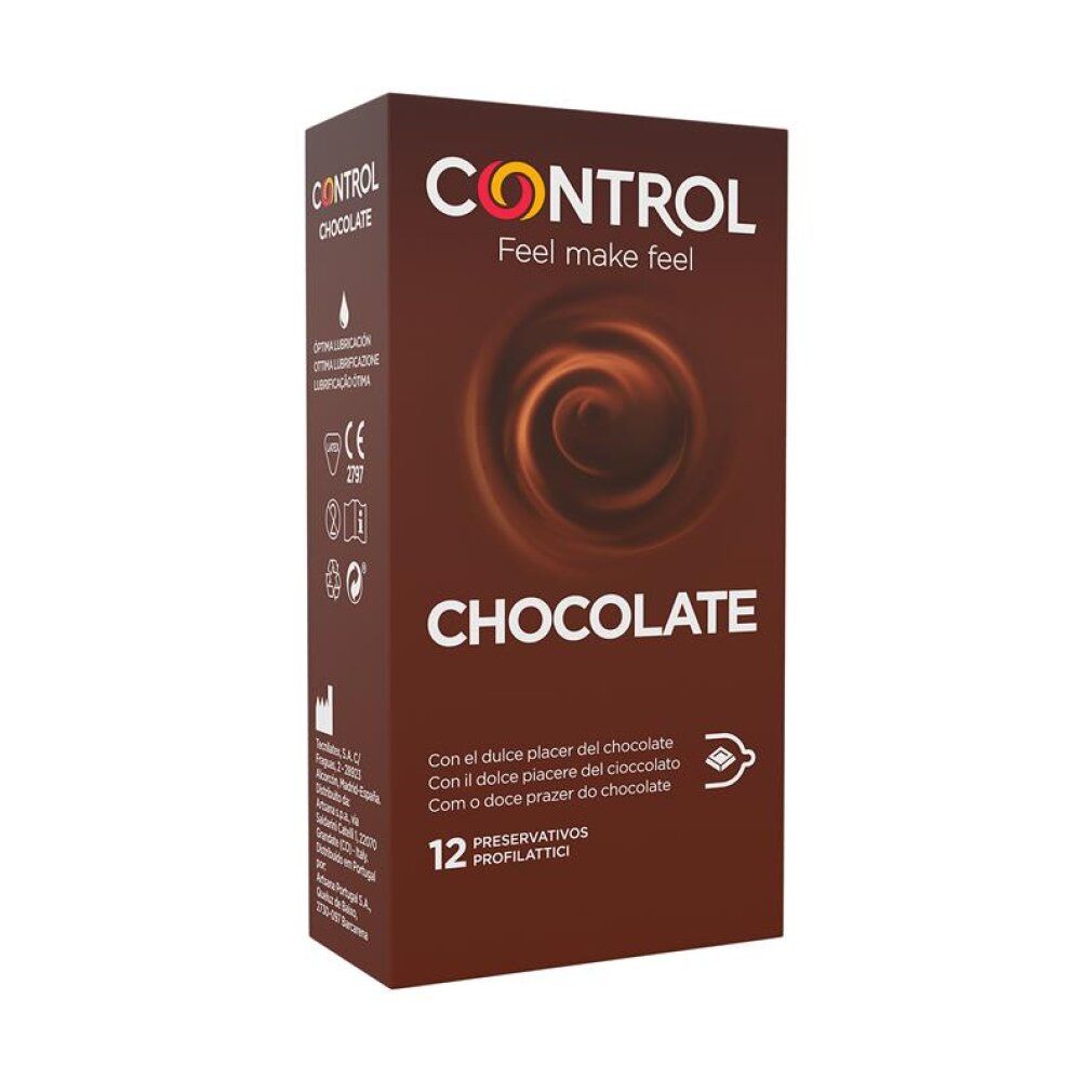 Control Chocolade condooms, 12 stuks. Bruine verpakking met chocolade swirl design.