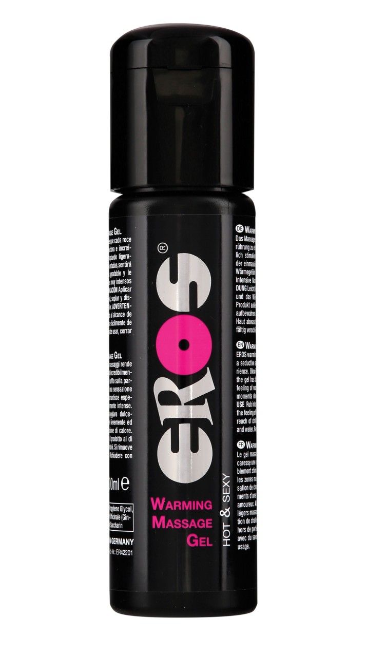 Eros Warming Massage Gel in zwarte fles met zilveren logo en roze cirkel.
