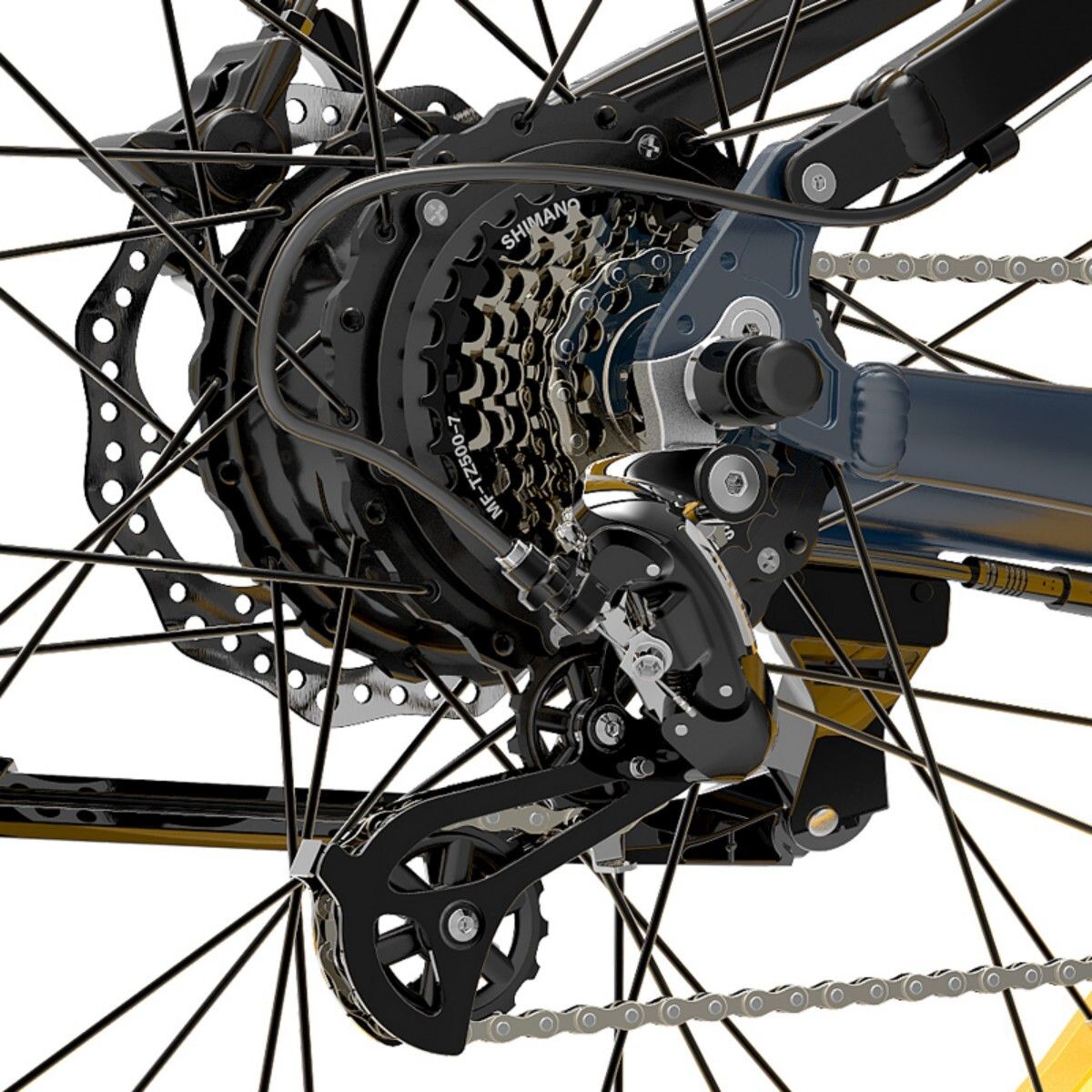 Close-up van de achterste tandwielen en de derailleur van een elektrische fiets. Shimano-onderdelen.
