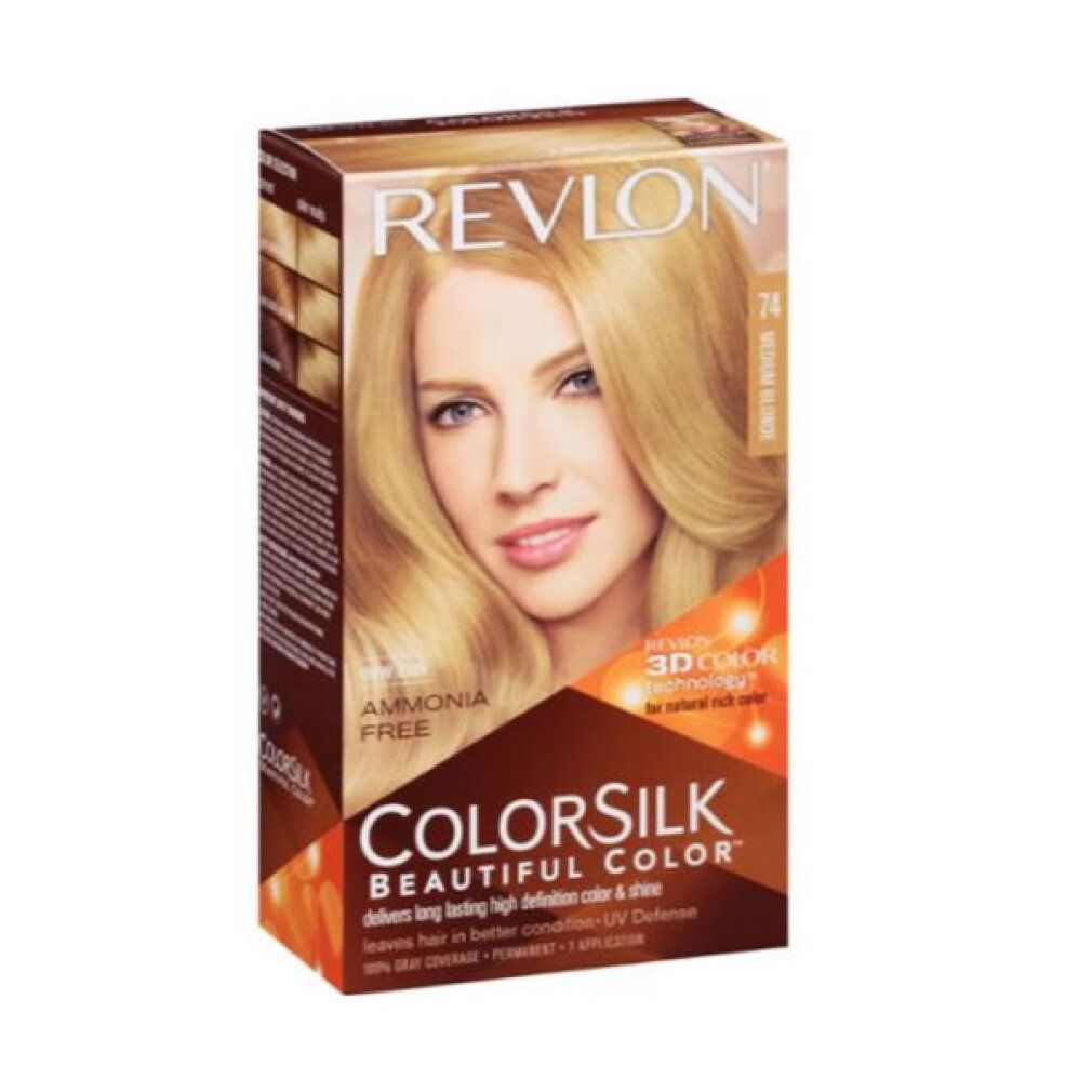 Boîte Revlon Colorsilk avec modèle, teinte 74 Blond Moyen, sans ammoniaque, technologie 3D Color Gel.