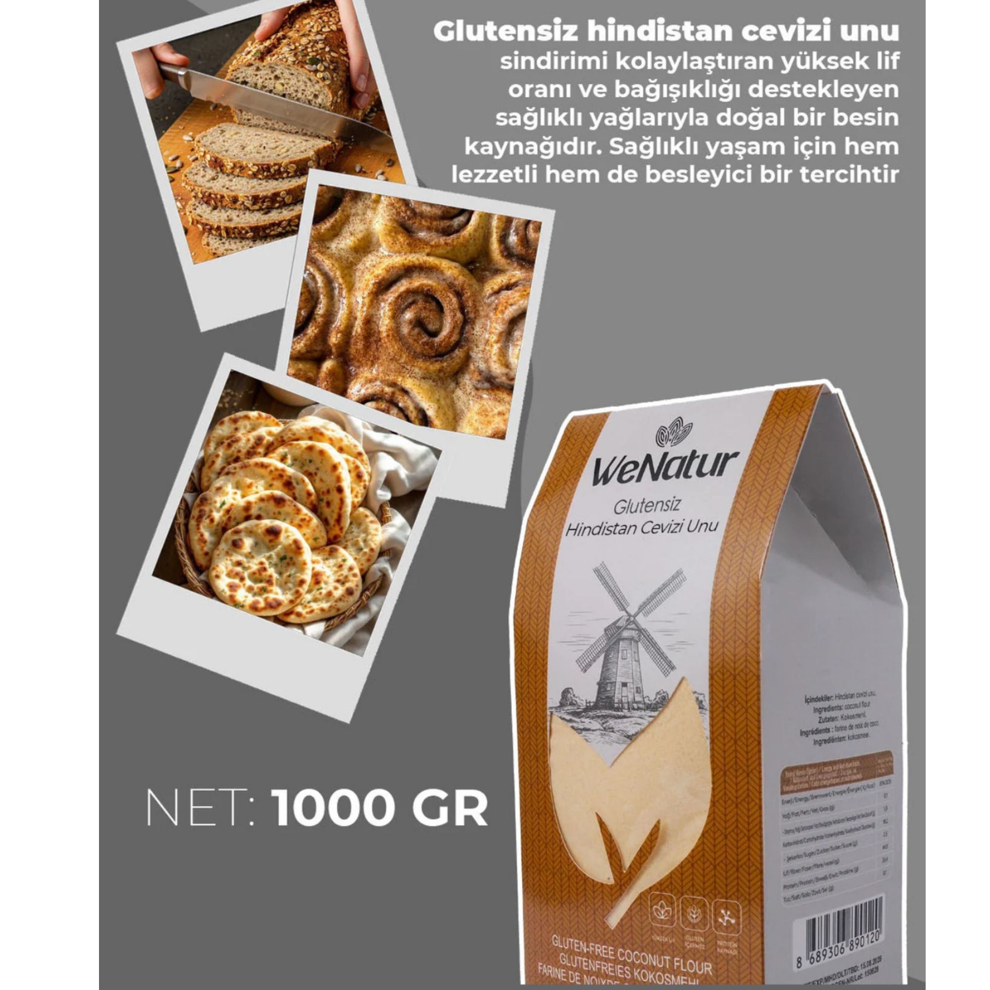 Paquet de farine de coco sans gluten, 1000g net, avec photos de produits de boulangerie.