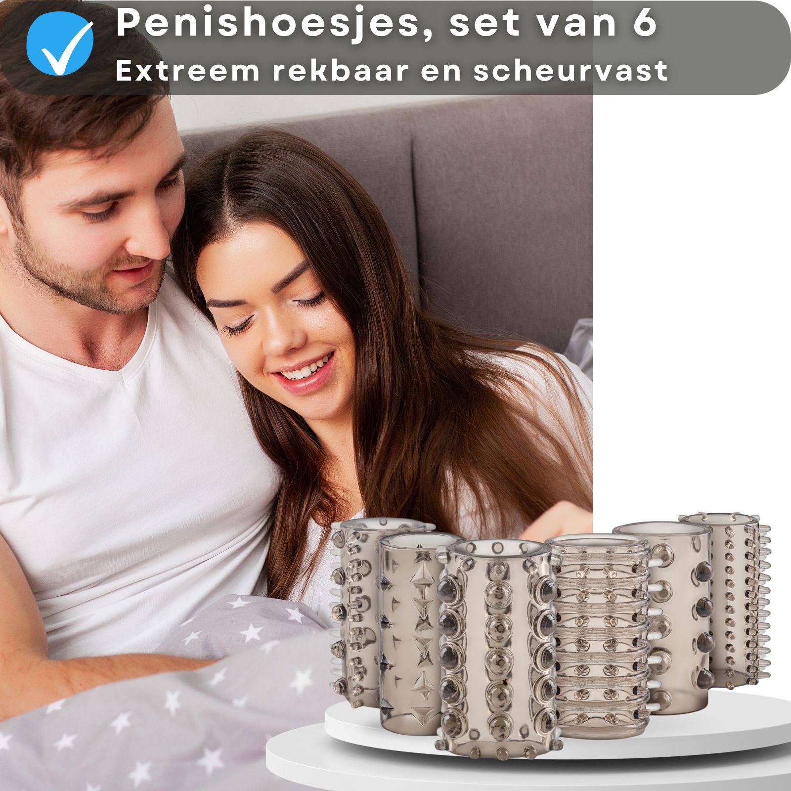 Productafbeelding met tekst: Gemaakt van siliconen, kan het plezier verhogen.