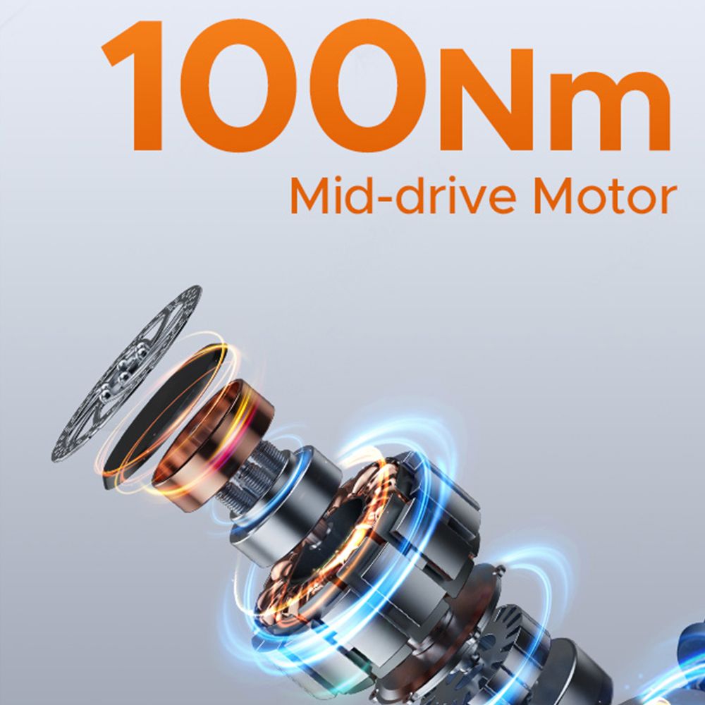 Graphique montrant un moteur avec l'inscription "100Nm Mid-drive Motor".