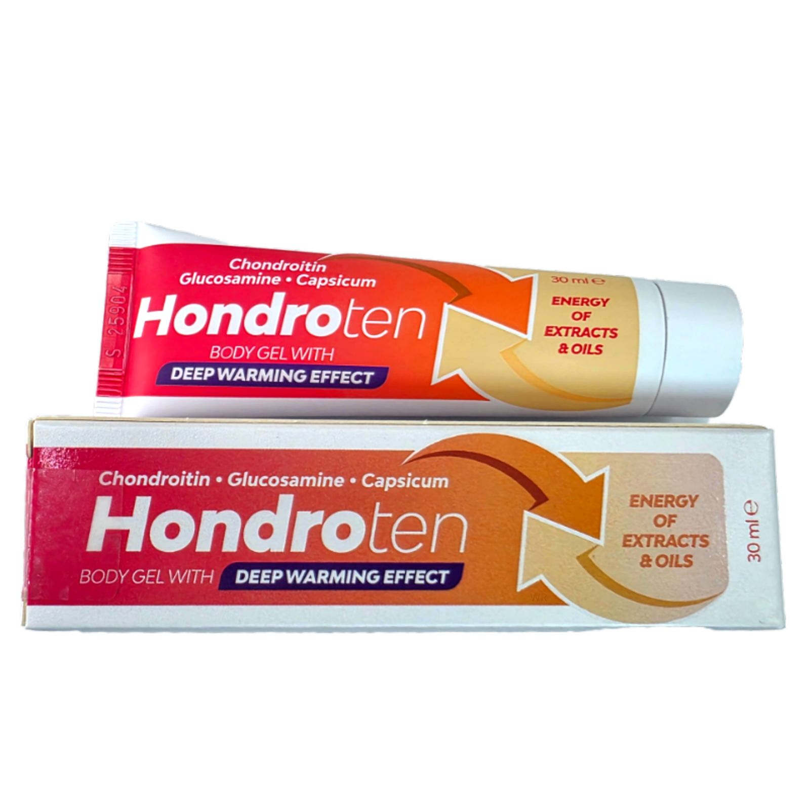 Tube et boîte Hondroten. Tube: chondroïtine, glucosamine, capsicum. Boîte: Hondroten, Deep warming effect. 30 ml.