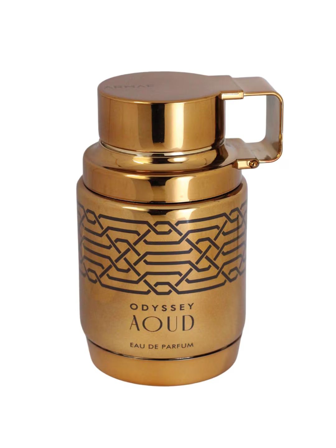 Gouden fles met zwart patroon en opschrift "ODYSSEY AOUD". Handvat op de dop. Eau de Parfum.