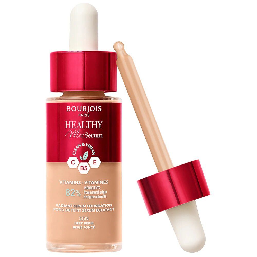 Flacon de fond de teint avec pipette. Marque Bourjois, Healthy Mix Serum. Teinte 55N Deep Beige. Ingrédients visibles.