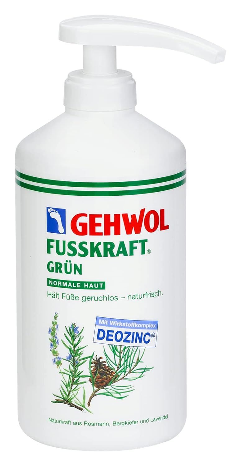 Flacon blanc avec étiquette verte et rouge. Inscription GEHWOL FUSSKRAFT GRÜN. Avec pompe doseuse.