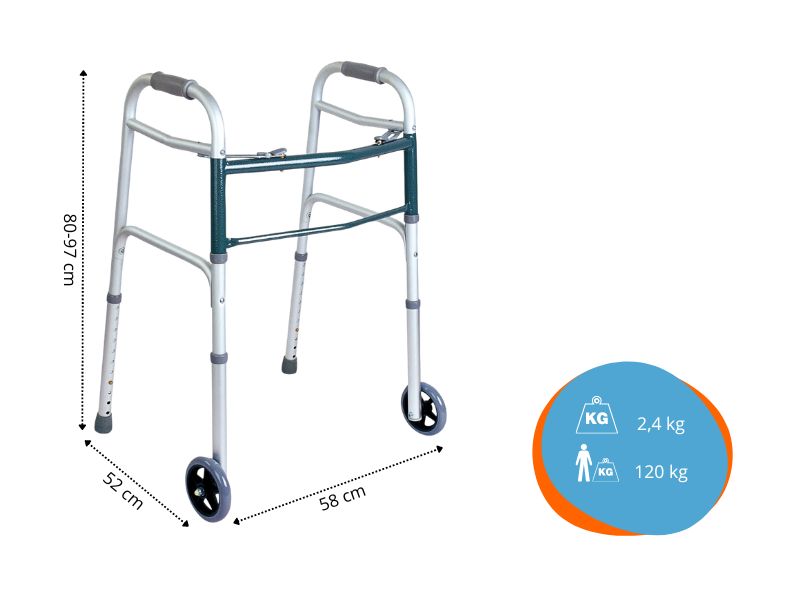 Rollator met twee wielen en twee punten. Afmetingen: 52x58x80-97 cm. Gewicht: 2,4 kg. Max. belasting: 120 kg. Zilver.