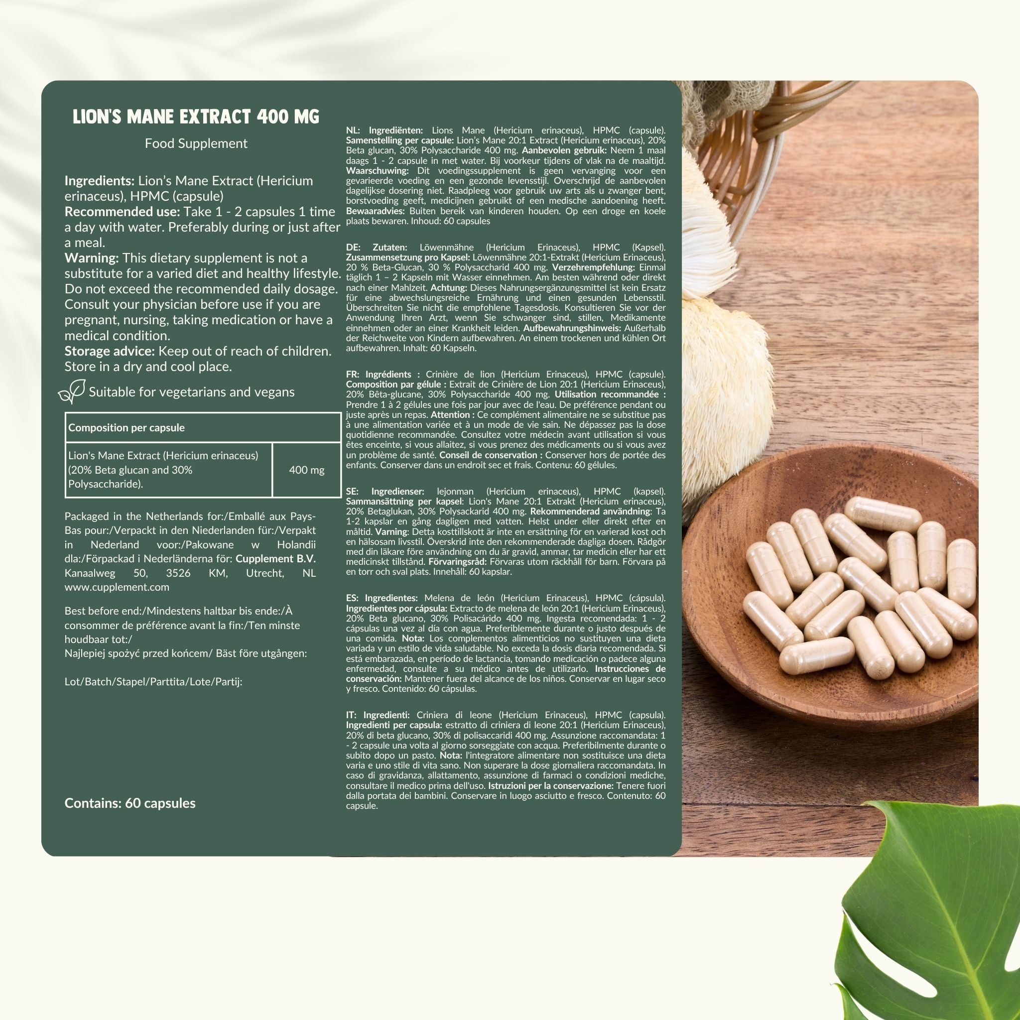 Fles met capsules en informatie over leeuwenmanenextract.