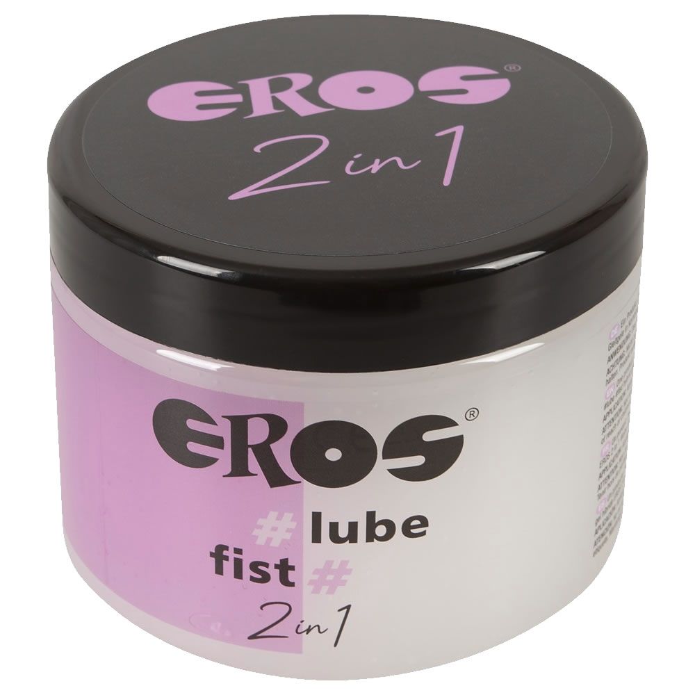 Ronde pot met zwarte deksel. Opschrift: EROS, 2in1, #lube, #fist. Roze en witte kleurstelling.