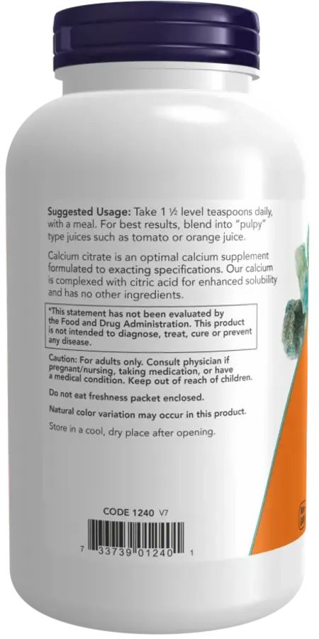 Dos du pot. Étiquette orange avec instructions d'utilisation et avertissements. Contient du citrate de calcium. Conserver au frais et au sec.