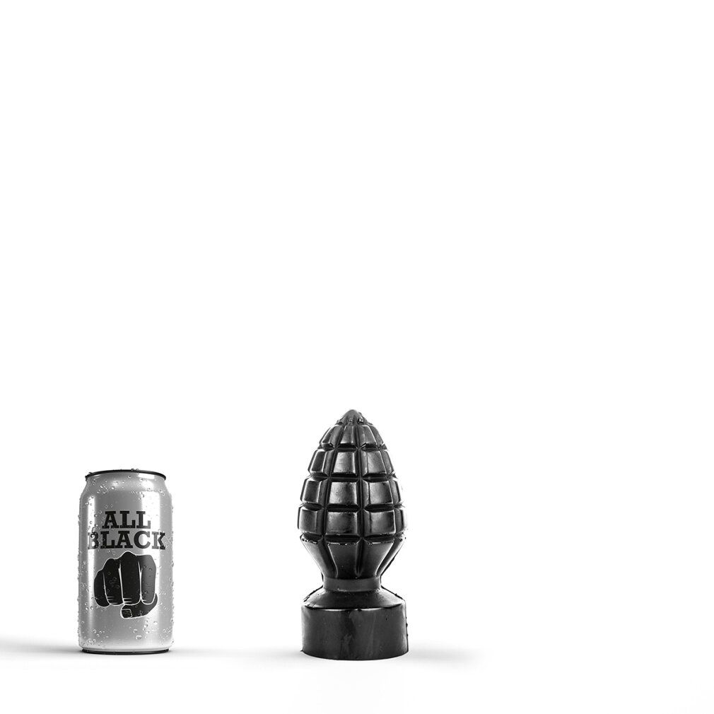 Plug anal noir en forme de pomme de pin à côté d'une canette.