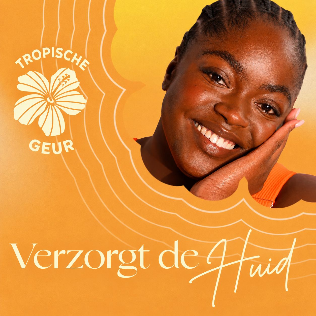 Vrouw lacht, tropische geur, huidverzorging.