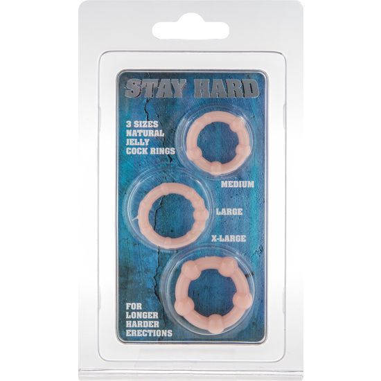 Verpakking met drie roze jelly penisringen in de maten Medium, Large en X-Large.