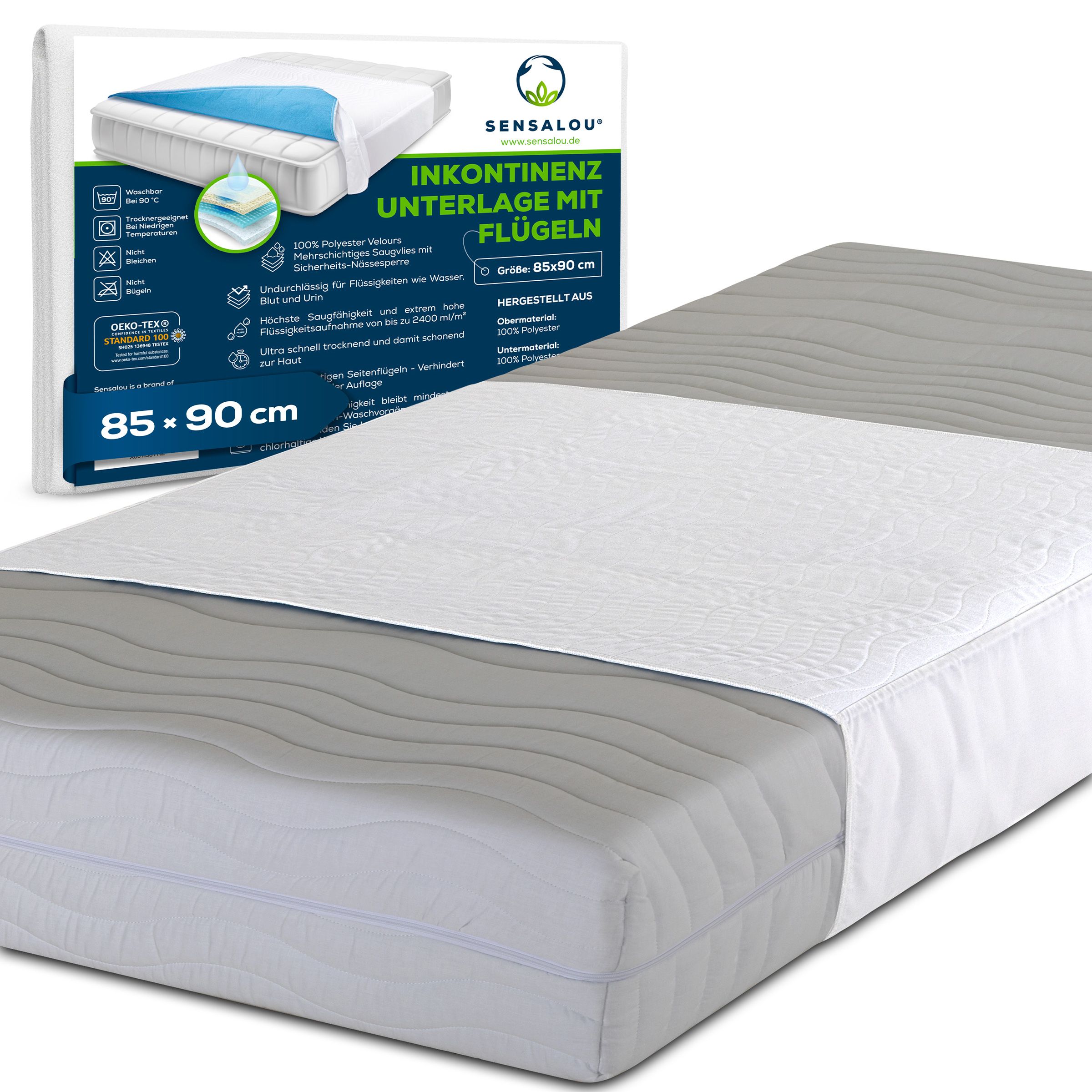 Productverpakking. Incontinentie onderlegger met vleugels, 85x90cm. Tekst: Sensalou. OEKO-TEX.