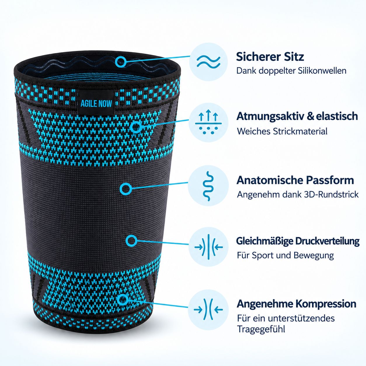 AGILE NOW dijband met siliconen strips, ademend en elastisch.