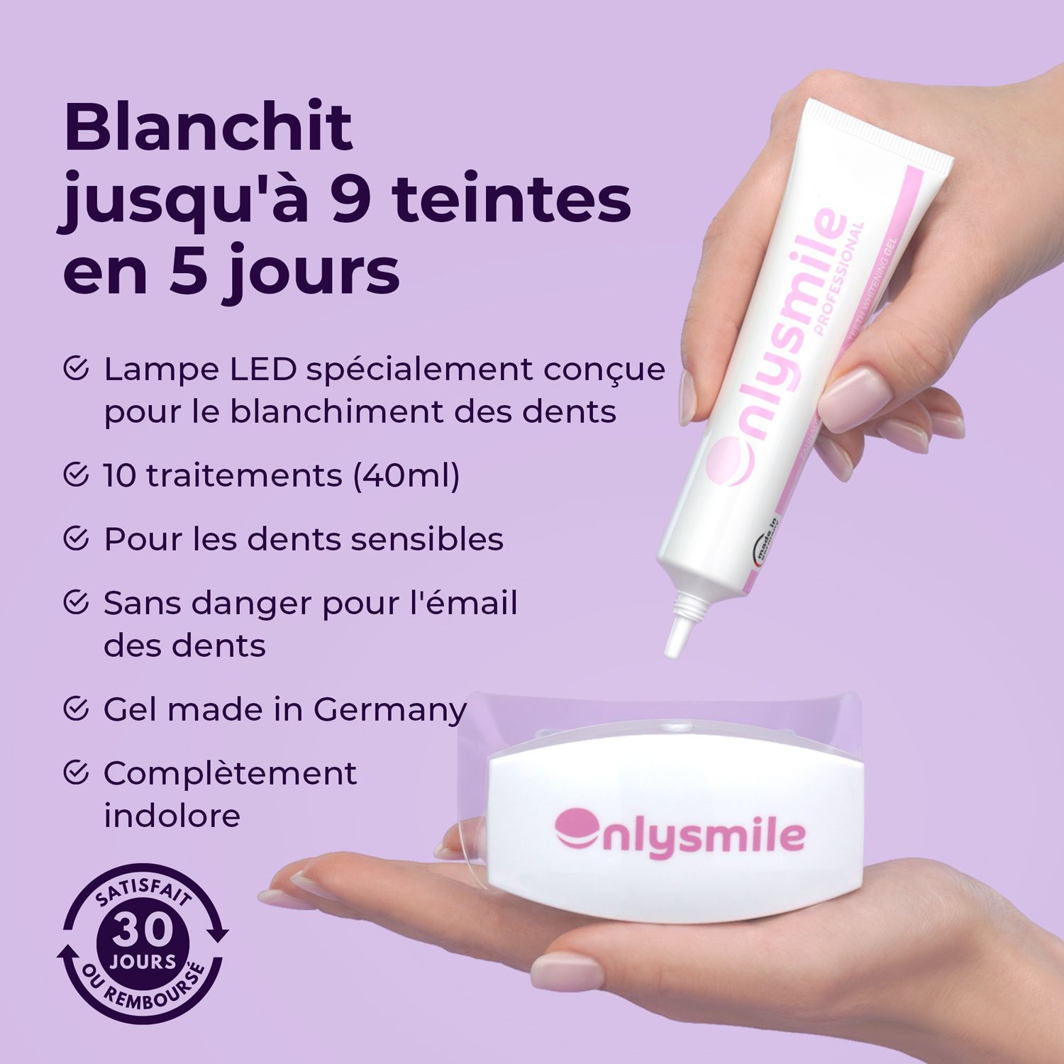 Kit avec gel et lampe LED. Gel fabriqué en Allemagne. Main tenant des parties du produit.