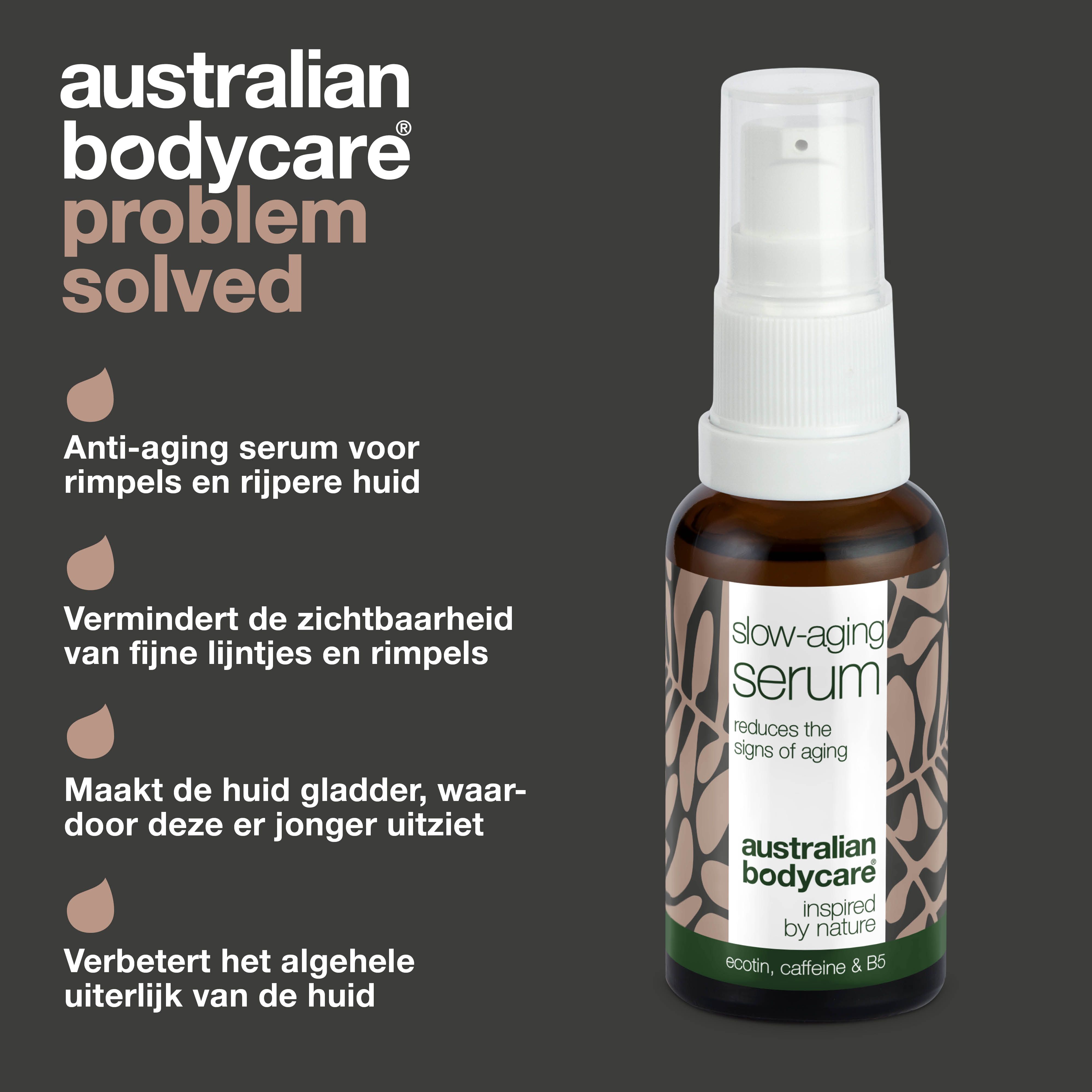 Serumfles met tekst: Slow-Aging Serum vermindert rimpels. Merk: australian bodycare.