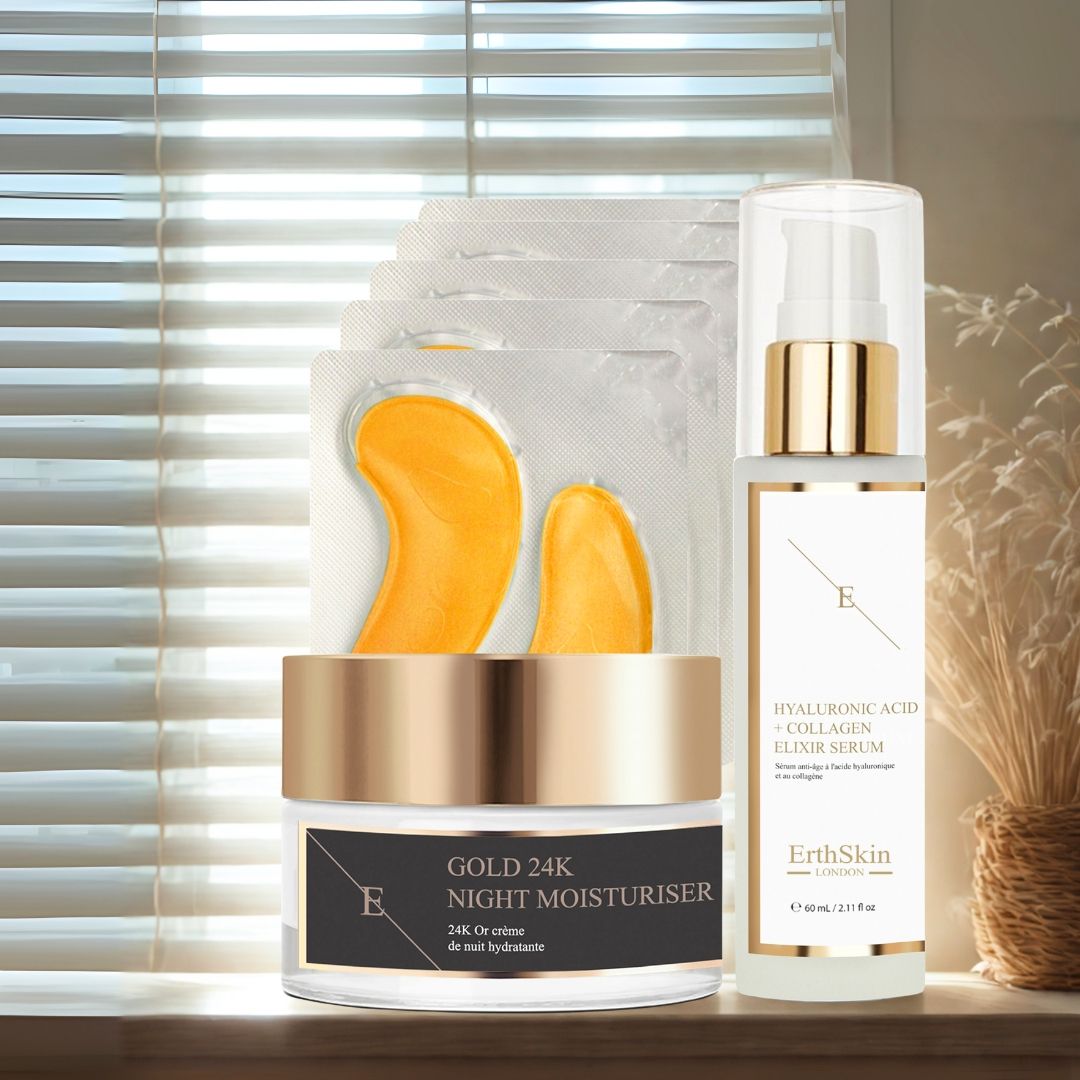 Ensemble crème de nuit, patchs pour les yeux et sérum. Produits sur un rebord de fenêtre. Flacons crème et sérum avec détails dorés.