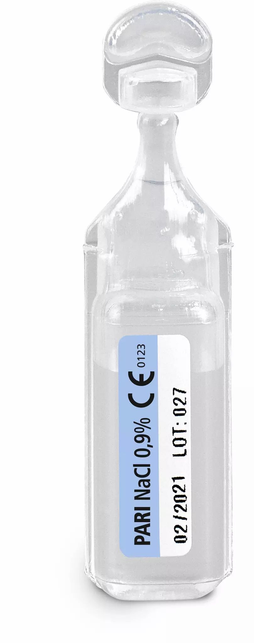 Steriele zoutoplossing (0,9% NaCl) in een doorsteekampul met CE-markering en lotnummer.