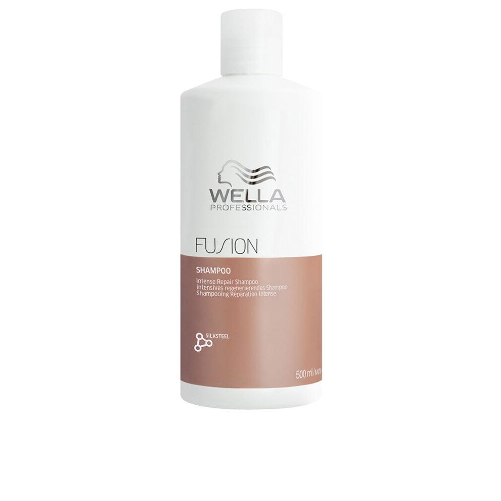 Flacon de shampooing blanc avec section marron. Inscription : WELLA PROFESSIONALS, FUSION, Shampoo, Intense Repair Shampoo. 500 ml.