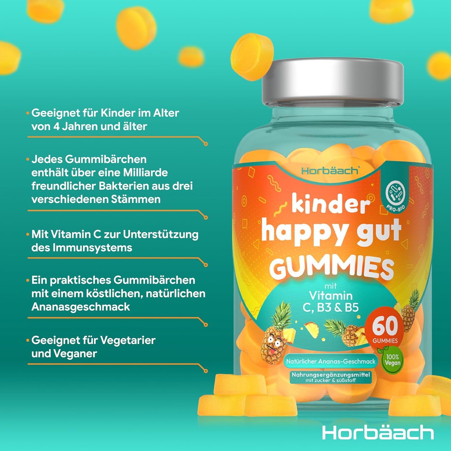 Flacon de gummies. Inscription : kinder happy gut GUMMIES avec Vitamine C, B3 & B5. 60 gummies. Vegan. Pour enfants dès 4 ans.
