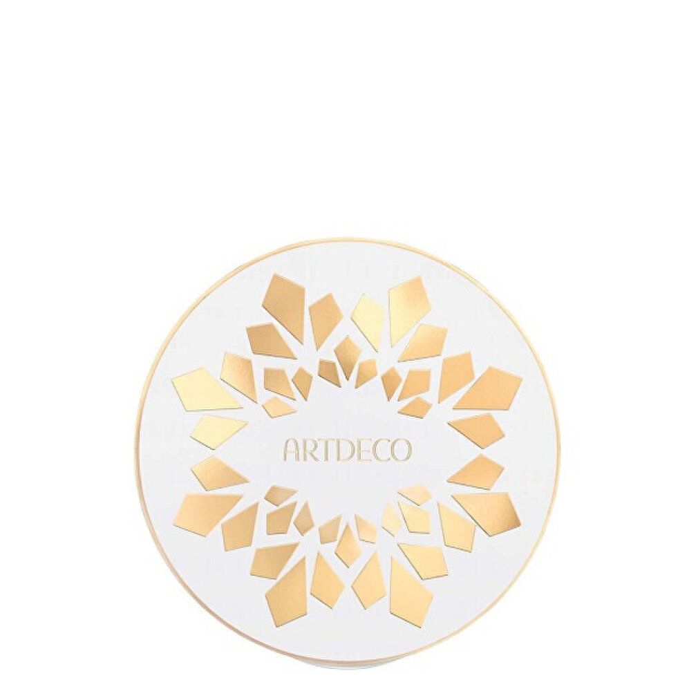 Boîtier de poudre Artdeco rond fermé. Blanc avec éléments géométriques dorés et nom de la marque.