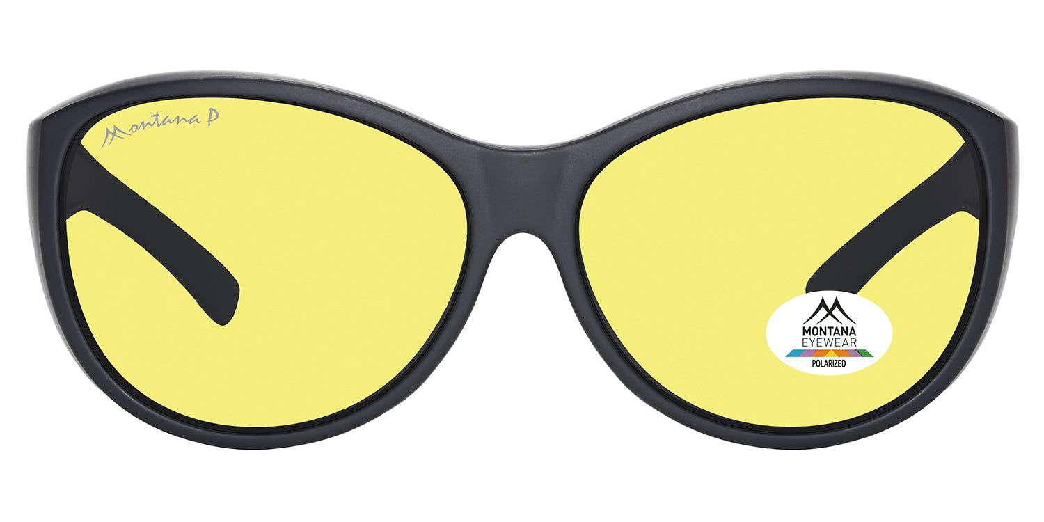 Lunettes de soleil noires avec verres jaunes. Logo Montana Eyewear et autocollant de polarisation. Monture noire.