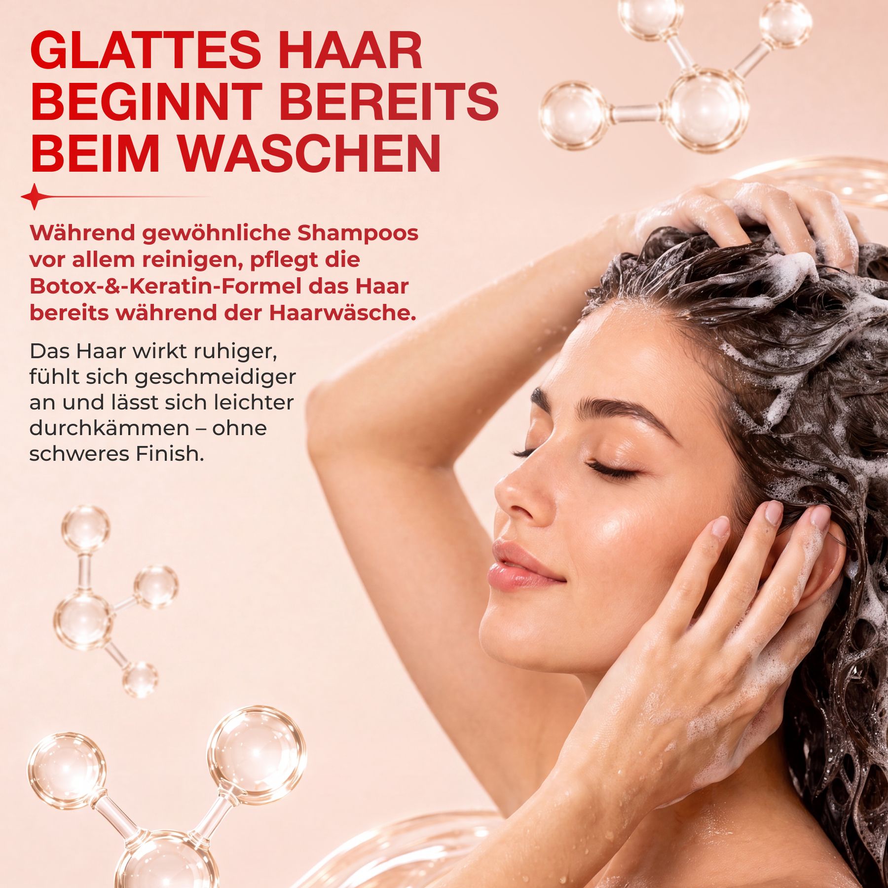 Vrouw wast haar haar met schuimende shampoo. Moleculaire grafieken op de achtergrond.