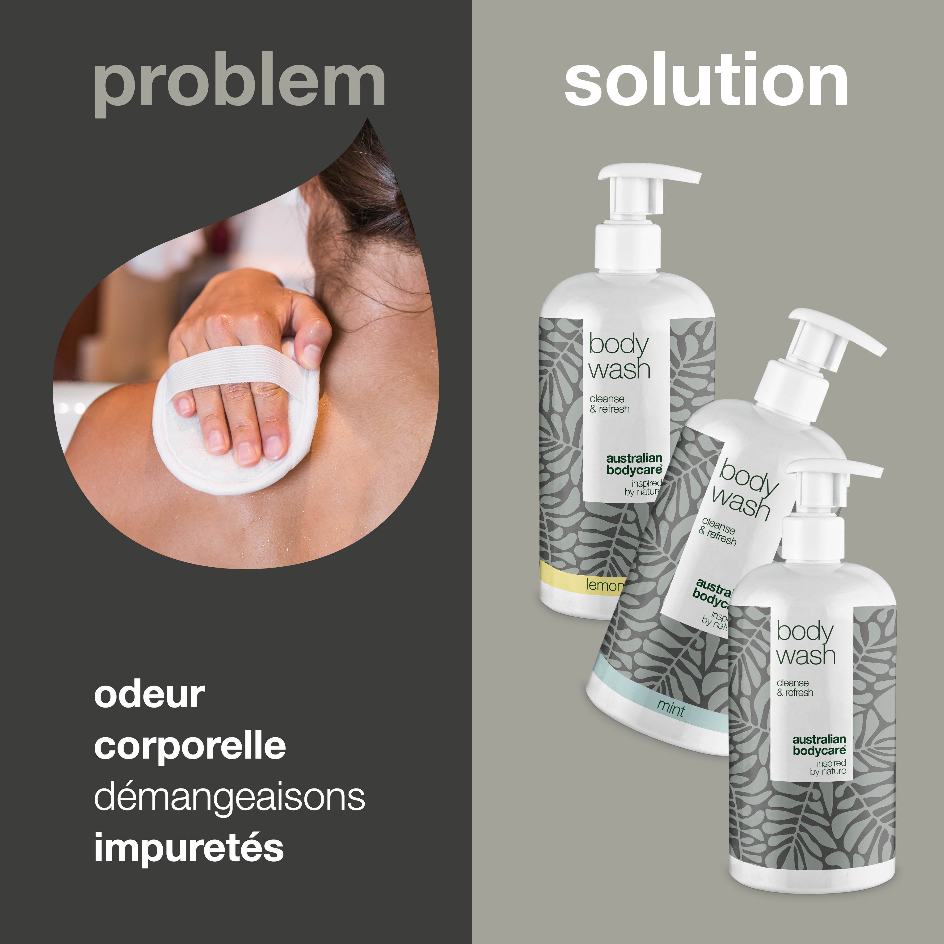 Une personne se nettoie le dos avec une éponge. À côté, trois flacons body wash. Texte : odeur corporelle, démangeaisons, impuretés.