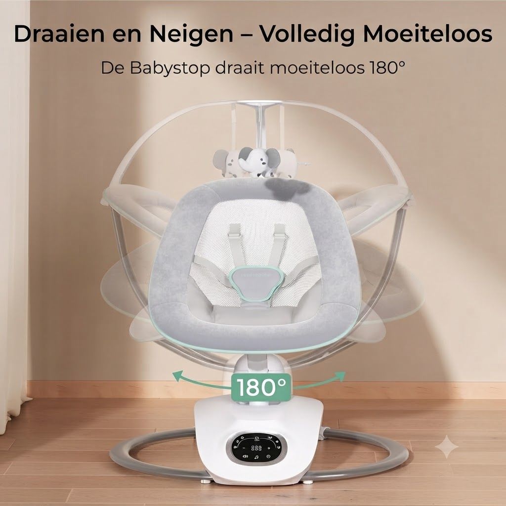 Grijze babyschommelstoel met harnas en olifantenspeelgoed, 180° draaibaar.