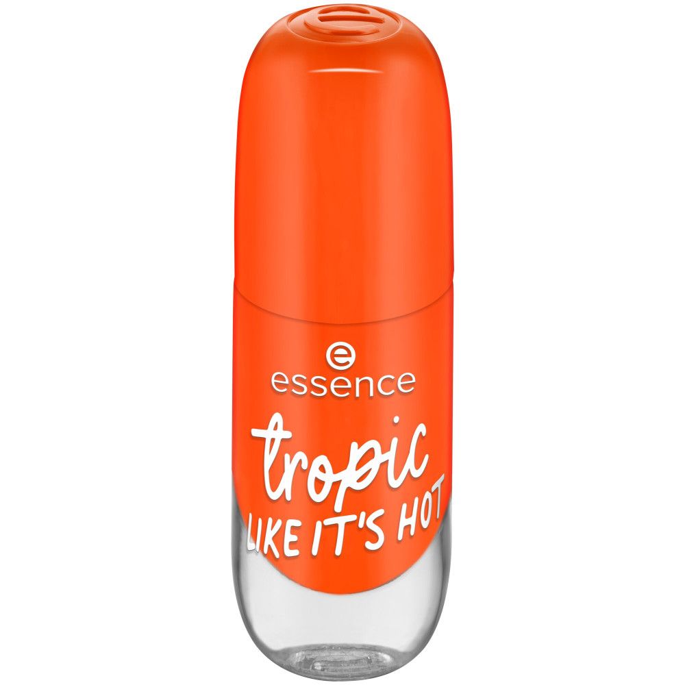 Flacon de vernis à ongles orange fermé. Inscription : "Essence tropic LIKE IT'S HOT".