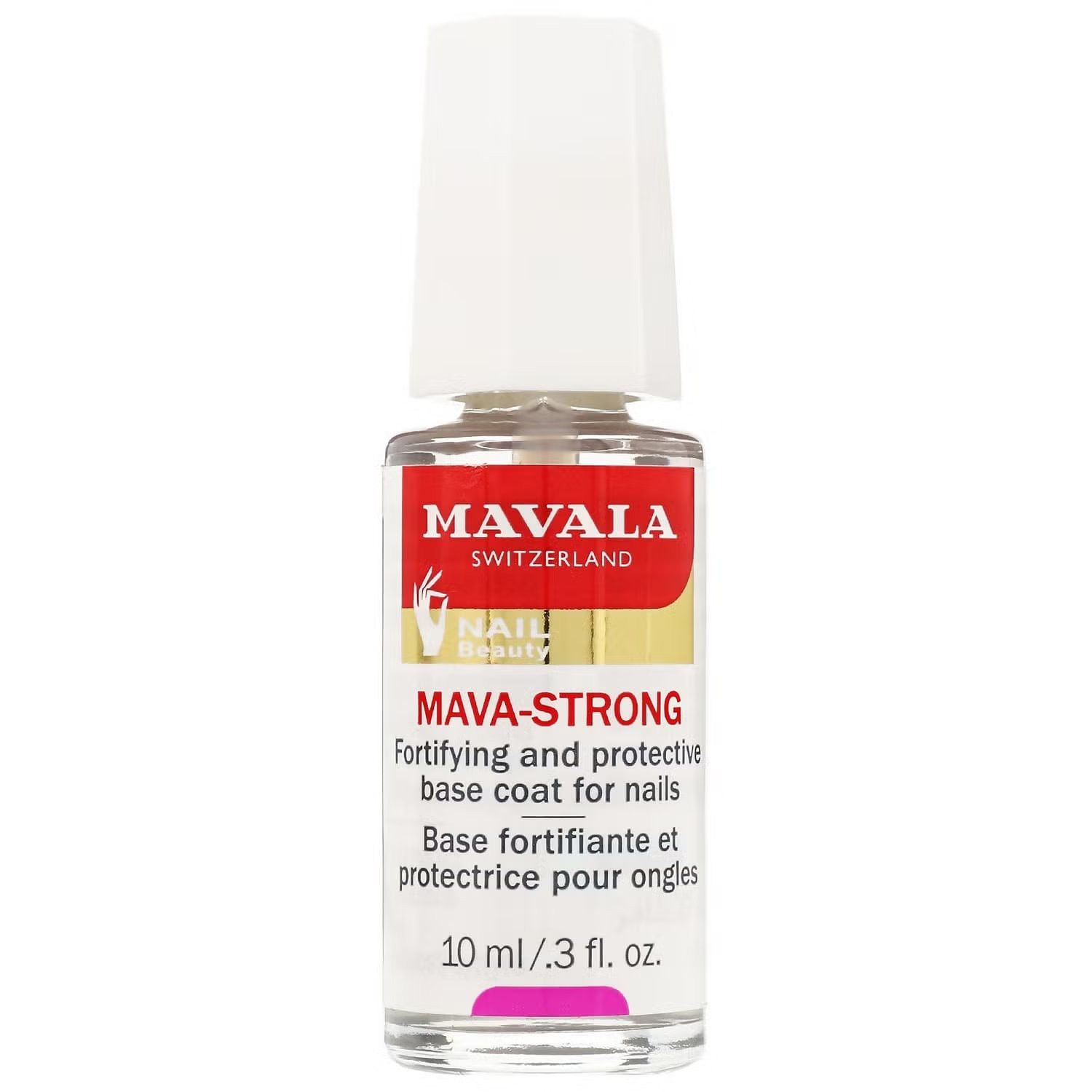 Flacon de vernis à ongles avec bouchon blanc. Inscription : MAVA-STRONG, base protectrice. 10 ml.