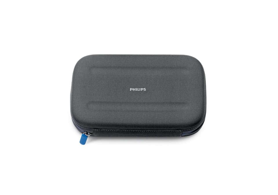 Grijze reisetui met rits en blauwe trekker. Philips logo bovenaan.