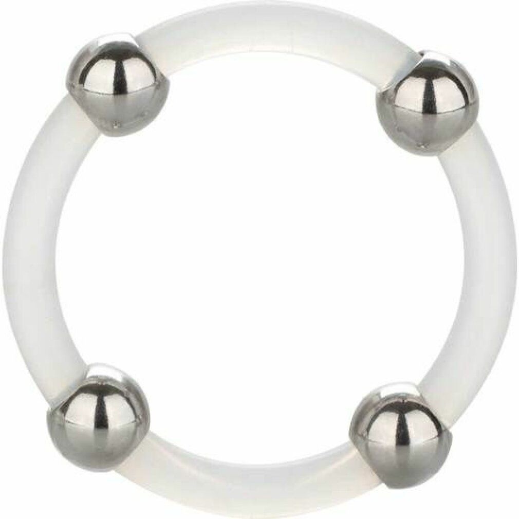 Anneau en silicone transparent avec quatre billes métalliques. Forme circulaire.
