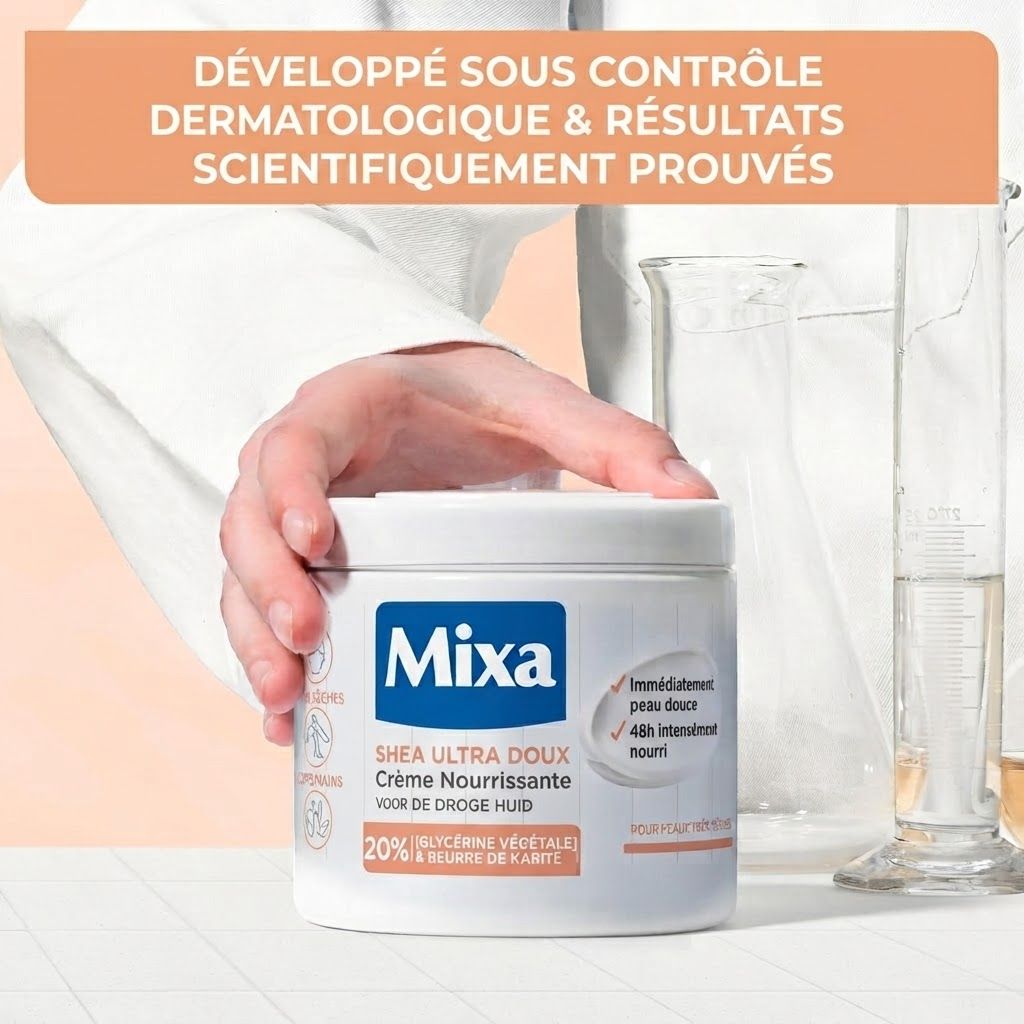 Pot de crème Mixa Shea Ultra Doux Creme Nourrissante avec étiquette indiquant 20% glycérine végétale et beurre de karité.