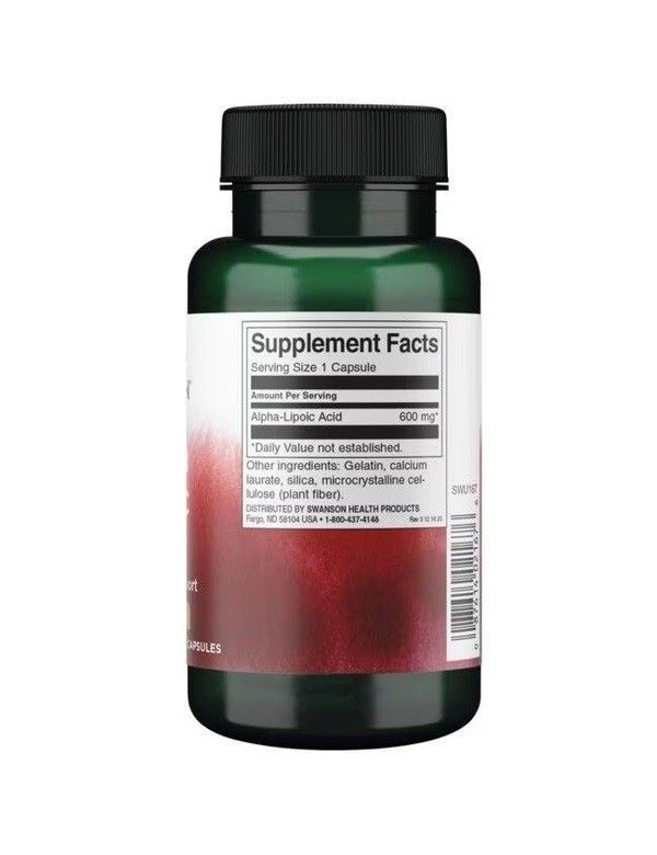 Achterkant van de fles Swanson Alfa-Liponzuur met voedingsfeiten en ingrediënten.
