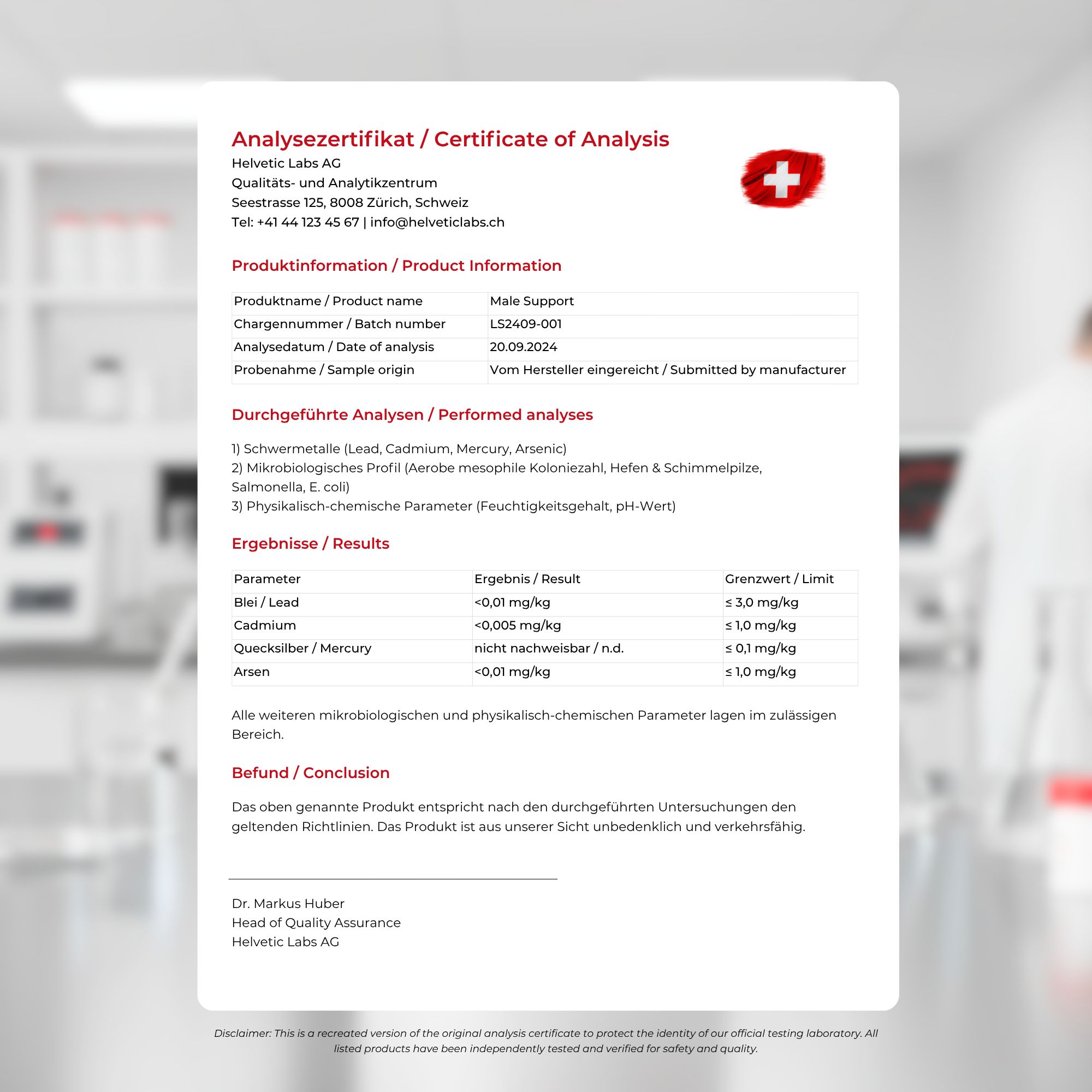 Certificaat van analyse. Tekst: Ondersteuning voor mannen. Resultaten: Lood, cadmium, kwik, arseen.