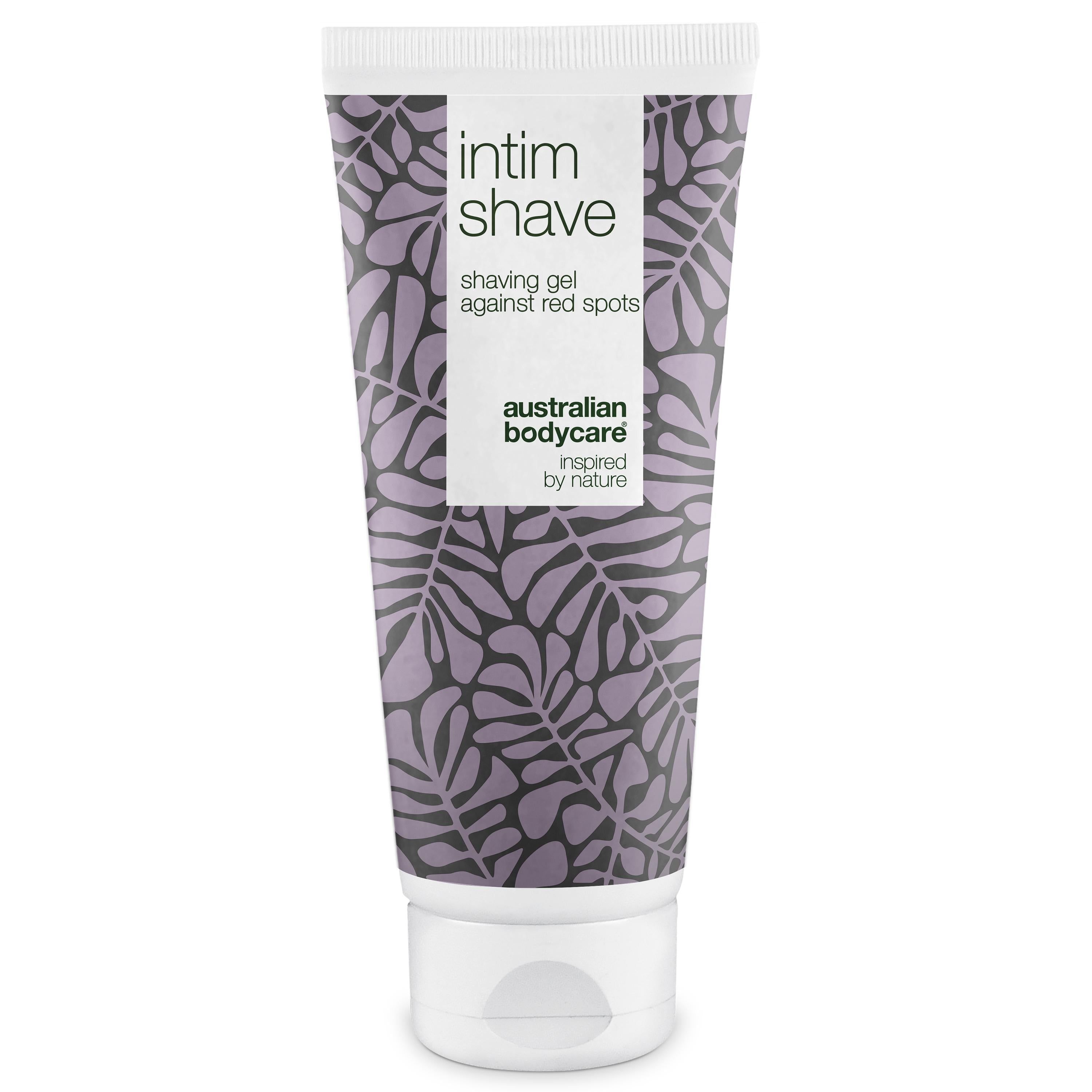 Tube de gel à raser Intim Shave. Bouchon blanc, motif feuilles violet. Texte: Australian Bodycare.