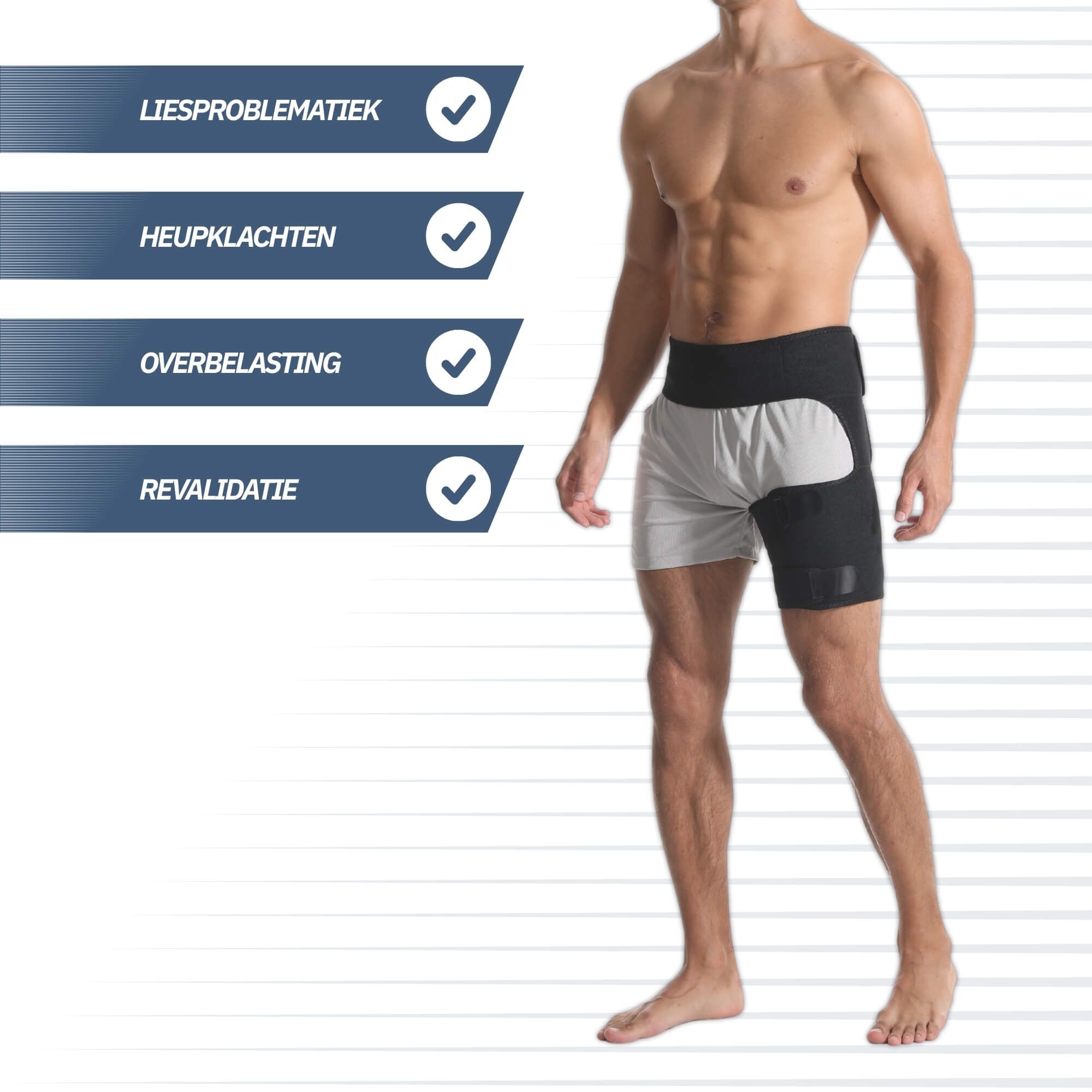 Heupgordel met zwart en grijs design, gedragen door een man ter ondersteuning.