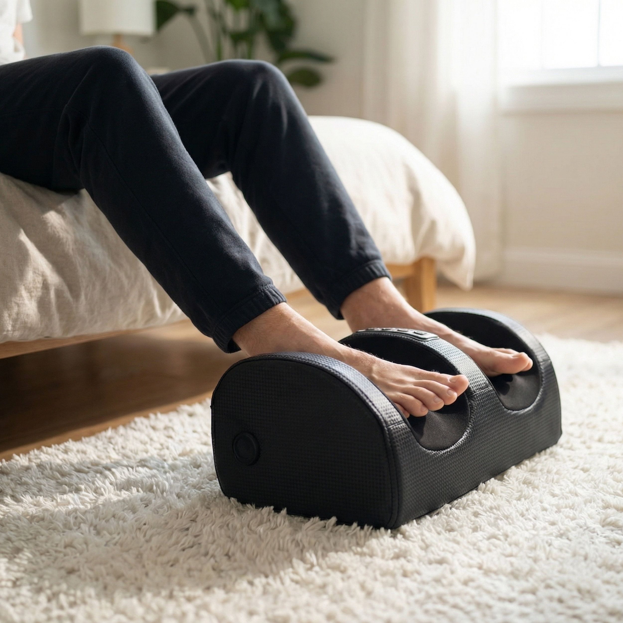 Zwart voetmassageapparaat op tapijt. Voeten in apparaat. Bedieningspaneel. Kabel.