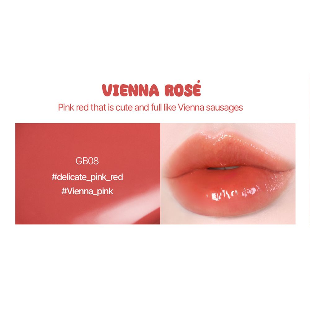 Image produit avec lèvres et échantillon de couleur. Texte : VIENNA ROSE, GB08, #delicate_pink_red, #Vienna_pink.