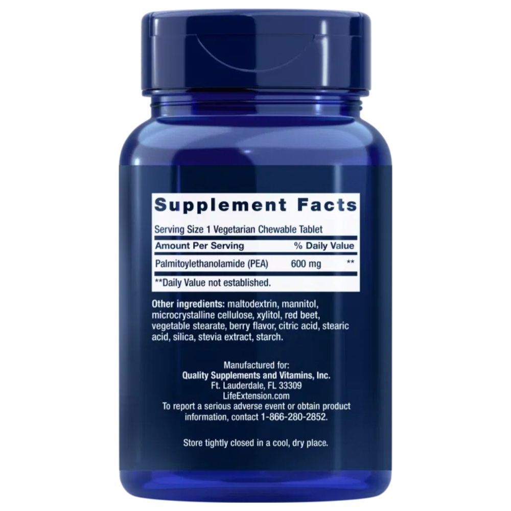 Achterkant fles: Supplement Facts, 600 mg Palmitoylethanolamide (PEA) per portie.