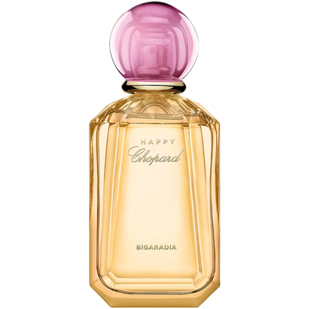 Parfumfles met roze dop en goudkleurig glas. Opschrift Happy Chopard en Bigaradia.