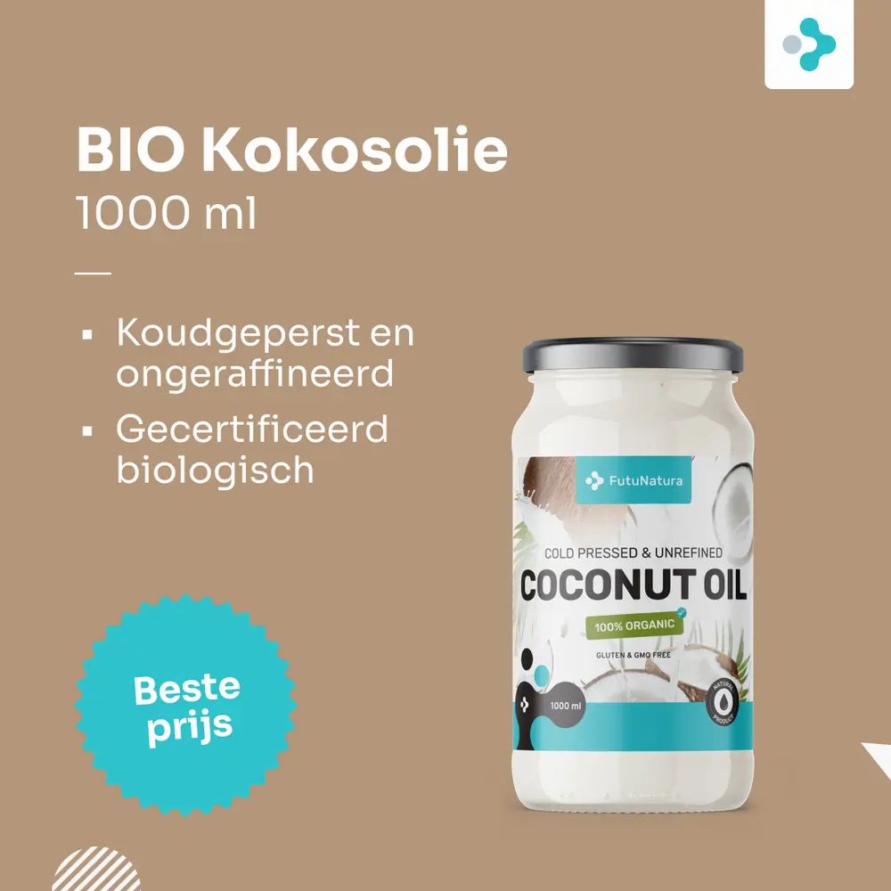 Vrouw met kokosnoothelften, fles BIO kokosolie. "Voor schoonheid en culinair genot".